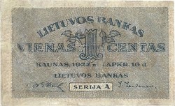 1 centas 1922 Litvánia Ritka