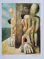 Lithography by Giorgio de Chirico - archaeologists with certificate