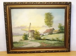 Antique tempera cardboard painting. Farm world with windmill. Signaled