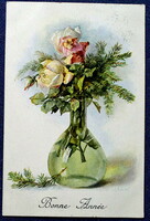 Antique m munk, Vienne New Year's greeting liho postcard winter bouquet with roses art page