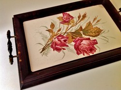 Antique faience tray in a wooden frame