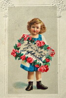 Antik dombornyomott üdvözlő litho képeslap kisgyerek rózsák