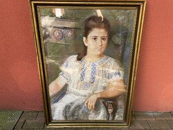 Antique girl portrait painting woman in folk costume
