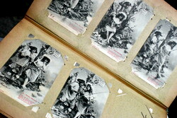 5 darabos sorozat antik Bergeret humoros  fotó képeslap  hölgy és úr  a pecázás eredménye