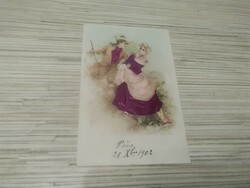 Antik romantikus képeslap. Dombornyomott. Selyem papir rátéttel.