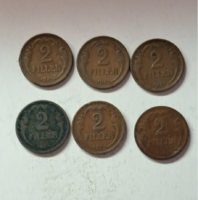 1938. 2 Fillér Magyar Királyság, 6 darab egyben 1927, 1929, 1933, 1940. (554)