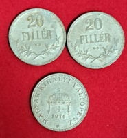 1916., 1917.. 20 Filér Hungarian royal change 3 pieces in one (389)