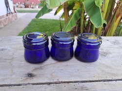 Gyönyörű 3 db   Midcentury kék színű üveg patikai  tégely vagy fűszertartó Gyűjtői szépség karcagi