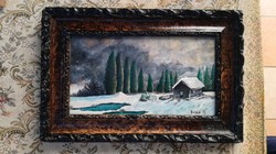 Téli táj házikóval ,olajfestmény Búza János festőművész