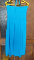Turquoise cotton rubberized to the waist, strapless v. Strappy summer dress., ( Blue motion )