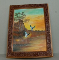 Wild ducks, oil painting, marked, in a beautiful wooden frame