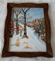 Oil painting, snowy landscape, marked, in a very nice carved wooden frame