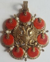 Foreign medal, gilded pewter, double-headed eagle and St. George carnelian stones