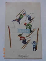 Old graphic New Year greeting card - drawing by Károly Kecskeméty