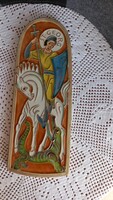 Antik Szent György kerámia falikép fényes mázzal színezve, 27,5 X 10 cm, súlya 658 gr., jelzett
