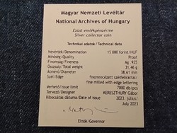Magyarország Magyar Nemzeti Levéltár .925 Ezüst 15000 Forint 2023 Tanúsítvány (id79244)