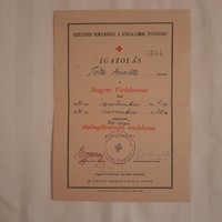 Certificate of completion of the first aid course of the Hungarian Red Cross in 1951