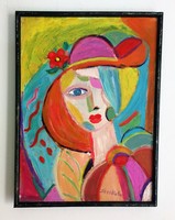 Lady in red hat / cubist / seri kata acrylic painting
