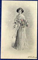 Antik VV Vienne  színezett grafikus üdvözlő képeslap hölgy virággal