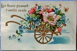 Antique embossed litho greeting card in a gold wheelbarrow forget-me-not wild rose