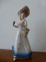 Gyönyörű kobalt kék ruhás porcelán kalapos lány Wallendorf stílus. Rózsák épek!
