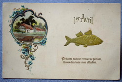 Antique embossed litho greeting card goldfish in medallion landscape Apr 1.