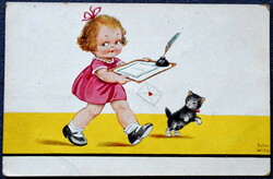 Art deco J Wills grafikus képeslap kislány cicával