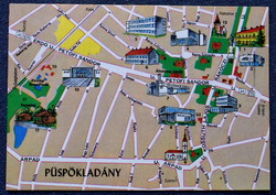 Püspökladány térkép képeslap -Tanácsháza, Alföldi Áruház, Pártház,templom...- Carthographia Bp 1977