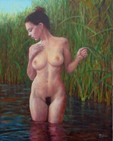 Nude in water * level oil painting. 50X40 cm * hüse j.* Noted.