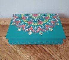 New! Turquoise wooden box jewelry box with mandala decoration, hippie style chakra colors, hand painted