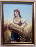 Biedermeier-style oil-on-canvas painting of a hand-picking girl, framed