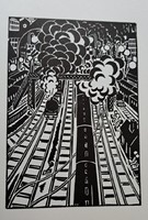 Frans maseriel (1889-1972): railway station. Woodcut, paper, marked on the woodcut