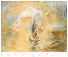 Art poster of Egry József golden gate 1943 expressionist painting, lake sailboat sunrise on lake
