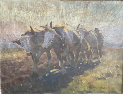 János Viski - work in the fields (oil, canvas) 60 x 80