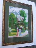 After Szinyei's Merse Pál: ladies walking in the park embroidered tapestry 40 x 32 cm outer size of the frame