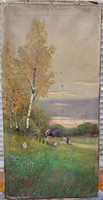 Marked antique oil on canvas village landscape painting