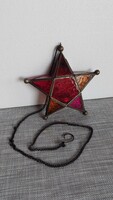 Hanging candle holder with copper fittings, colored glass star-shaped