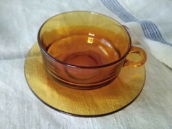 Üveg teás - borostyán színben / csésze + tányérka