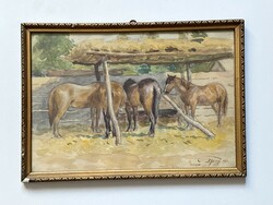 Dr. Pécsy 1924 Abracoló horses marked watercolor painting in original frame