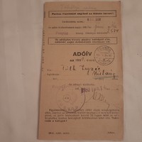 Fonyód Adóhivatal által kiállított adóív az 1950. évre