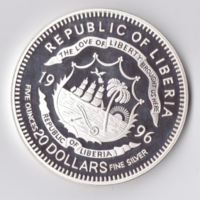 155,5g 1996 20 dollar Republic of Liberia 0,999% ezüst érem dobozában