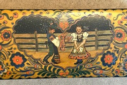Painted folk matyó couple in love, flower and heart decorated wooden booz