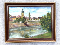 Rába river bank with Győr church and bridge with ocsko sign oil painting in original frame
