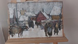 (K) László Bencze painting village life 46x31 cm