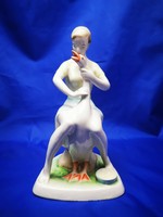 Hand-painted goose stuffing woman porcelain figurine from Höllóháza