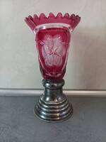 Antique silver-plated base crimson crystal vase