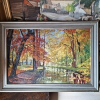 60X40 cm framed old early autumn forest interior o/v cozy landscape cheap!