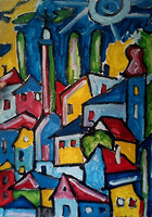Cs. Németh Miklós: Nap, Házak, Hegyoldal 70x100 cm