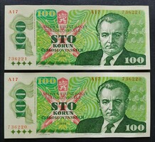 Czechoslovakia 100 crowns, koron 1989, ef+-aunc numbered pair