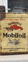 Gargoyle mobiloil Budapest, old oil box with Hungarian inscription, jug.